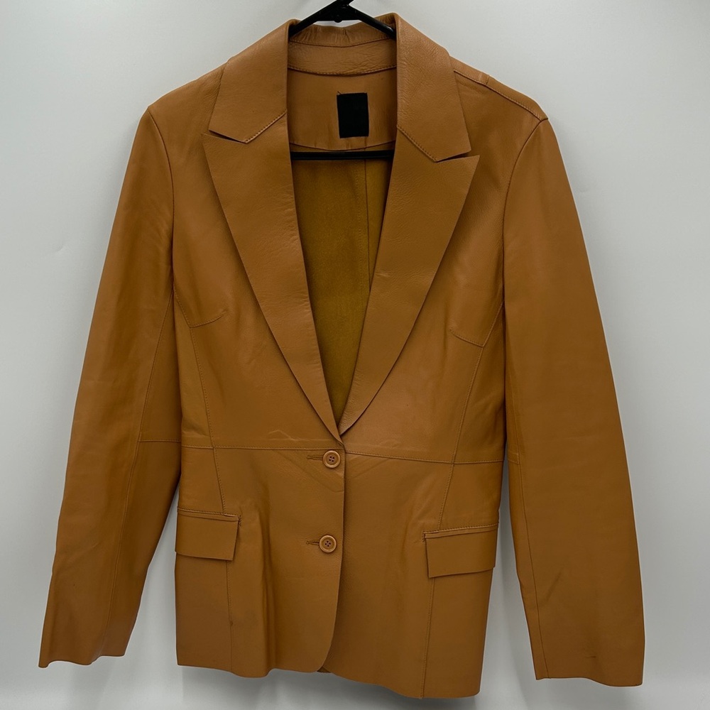 90s Leather women's blazer jacket camel minimalist Flap Pocket medium large